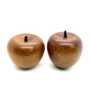 Pair of Large Brown Hand Turned Wood Apples Faux Fruit Decor